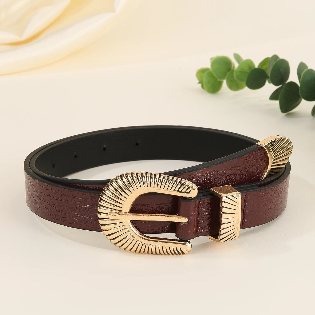 Damen Leder Gürtel – Luxuriöser Gold Muschel Schnallen Gürtel