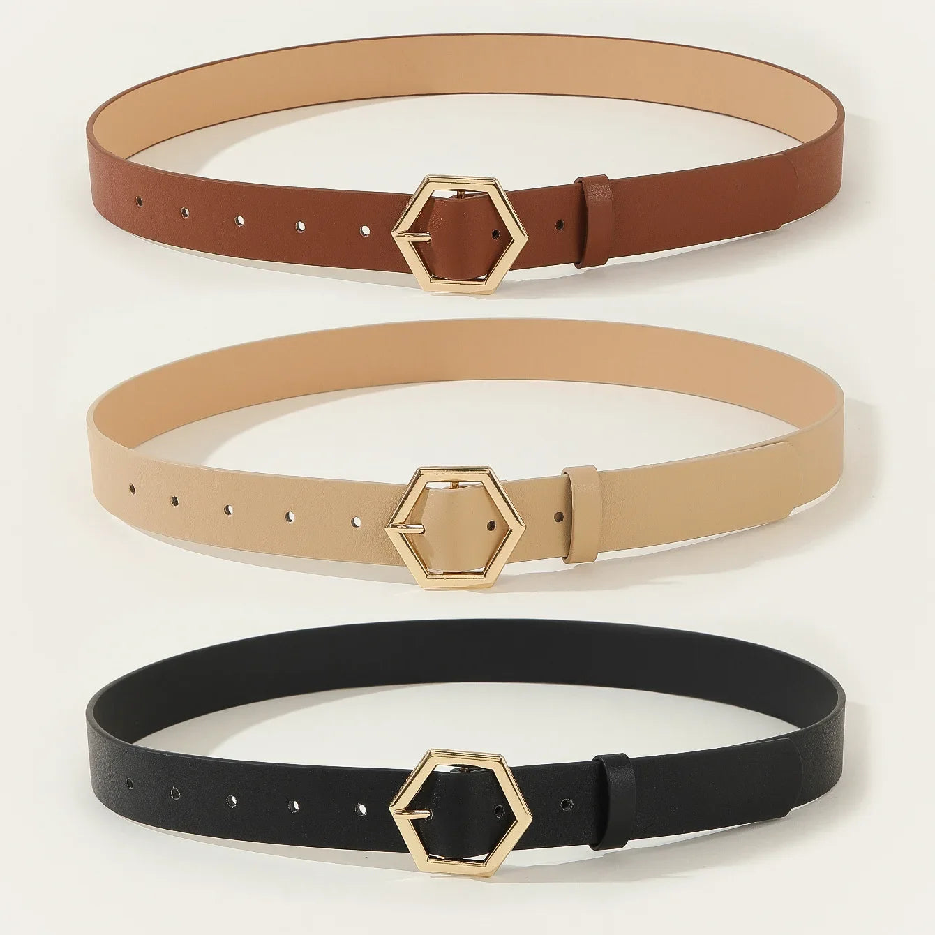 Damen Gürtel mit Goldener Hexagon Schnalle – Eleganter Business PU Leder Gürtel