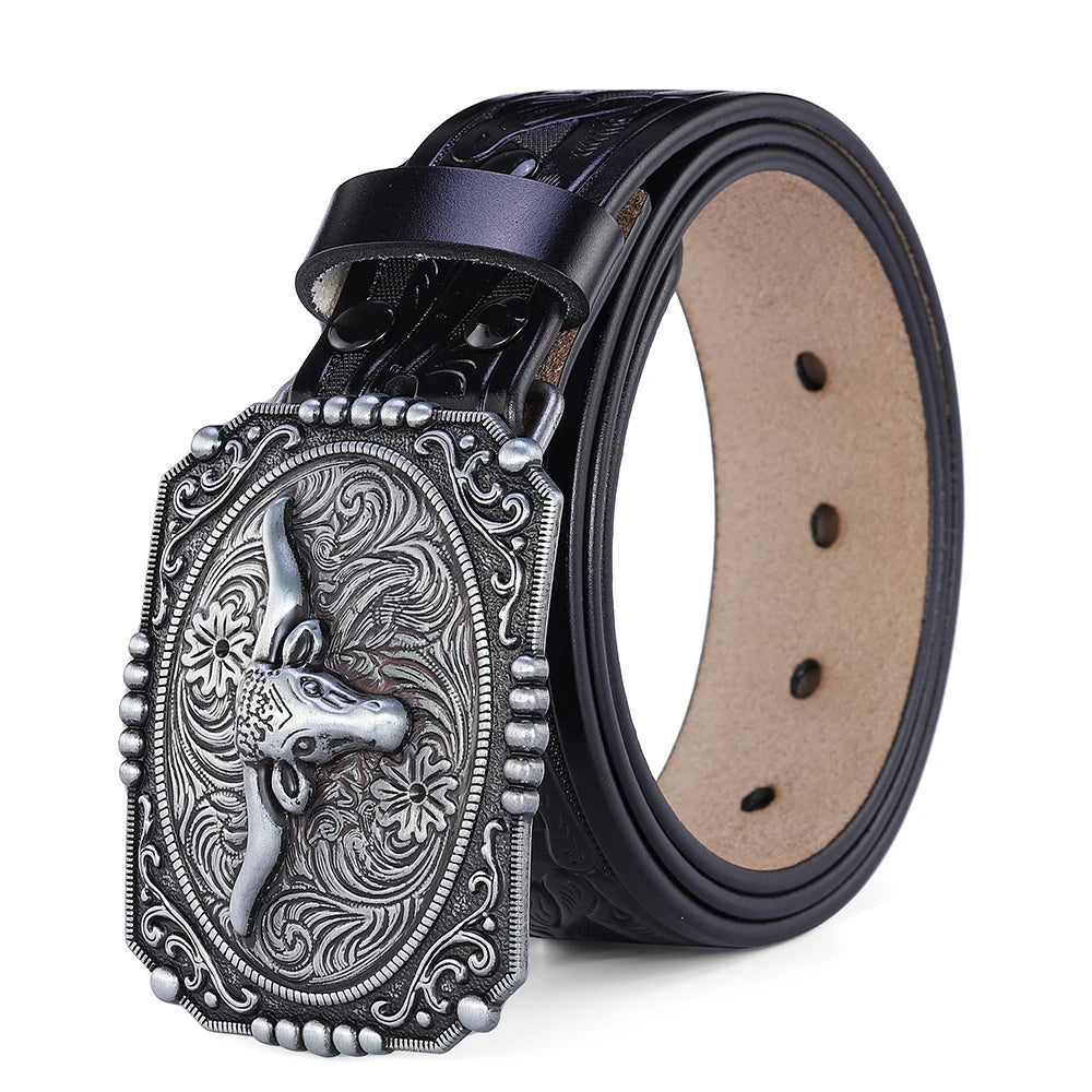 Herren Western Bullenschnallen Gürtel – Cowboy PU Leder Gürtel mit Prägung