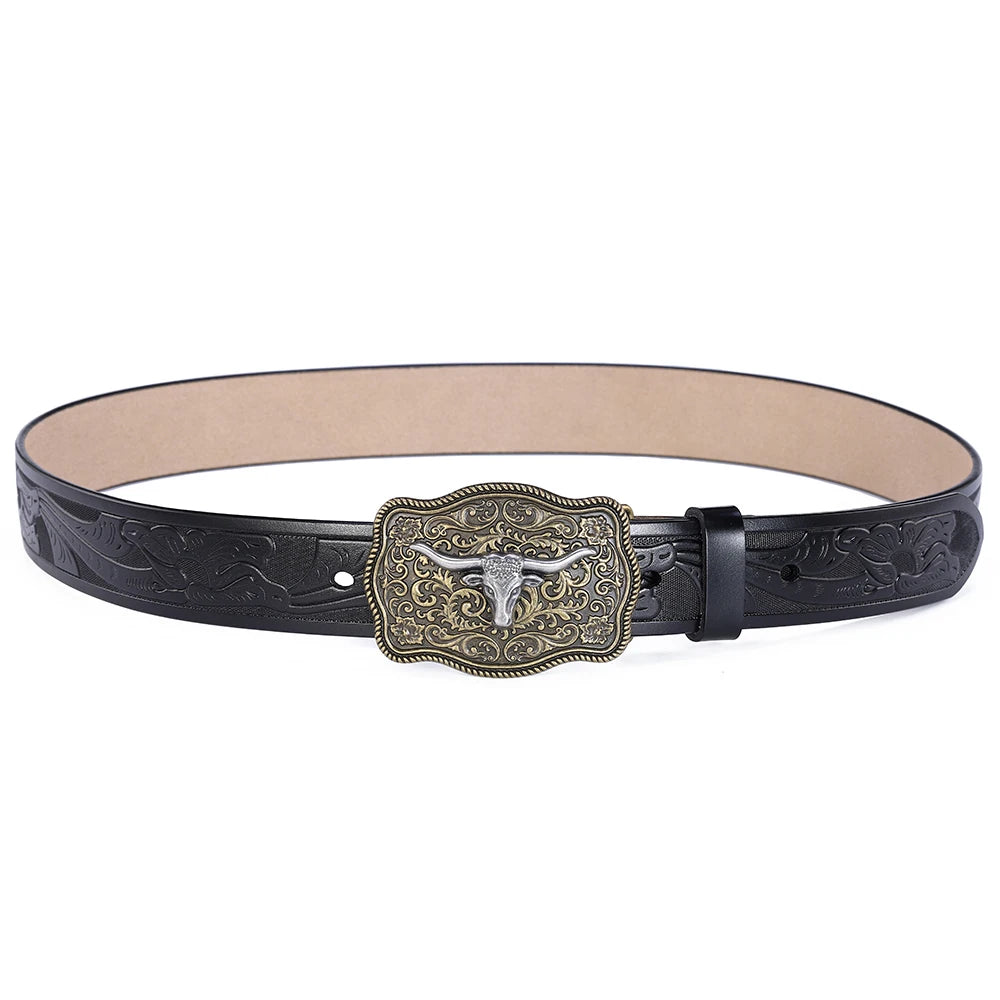 Herren Western Bullenschnallen Gürtel – Cowboy PU Leder Gürtel mit Prägung