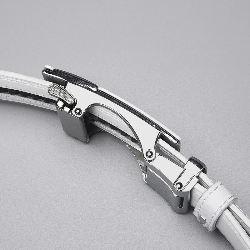 Herren Weißer PU Leder Gürtel – Automatik Gürtel mit Geometrischer Schnalle