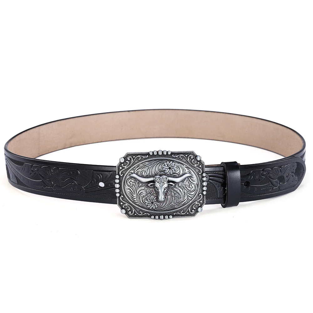 Herren Western Bullenschnallen Gürtel – Cowboy PU Leder Gürtel mit Prägung