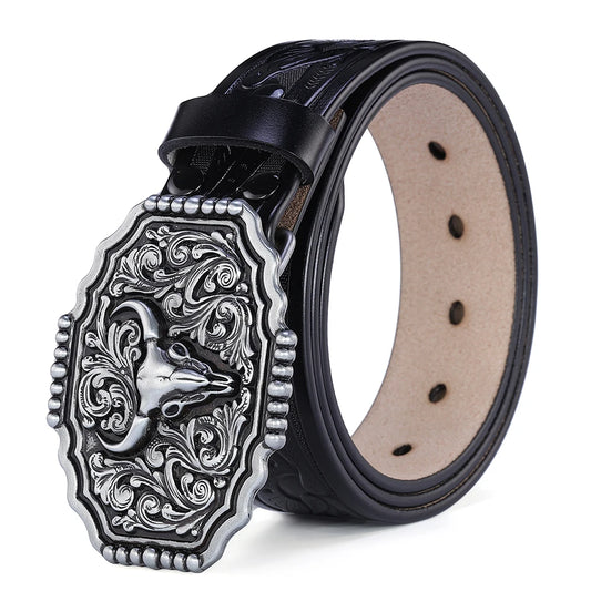 Herren Western Bullenschnallen Gürtel – Cowboy PU Leder Gürtel mit Prägung