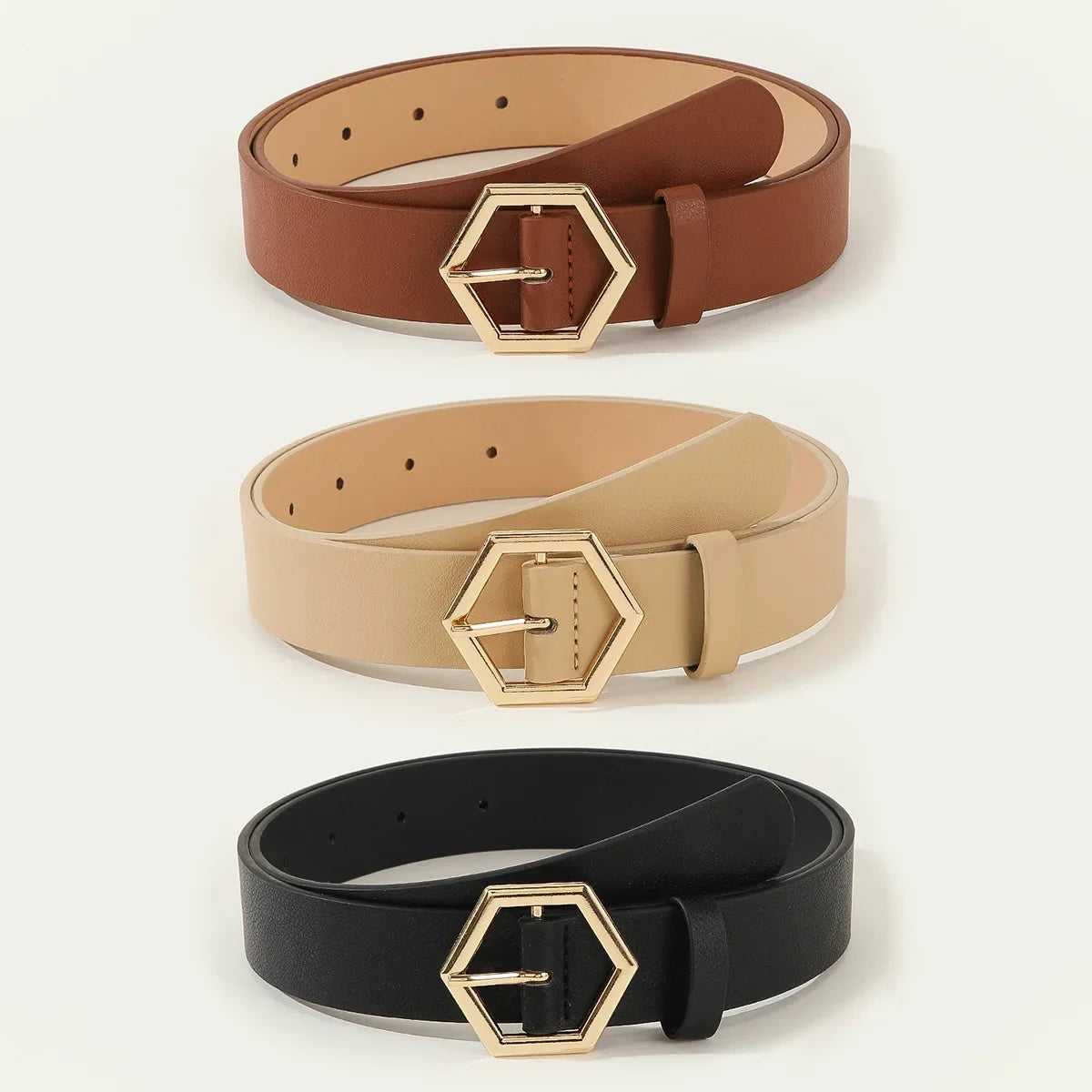Damen Gürtel mit Goldener Hexagon Schnalle – Eleganter Business PU Leder Gürtel