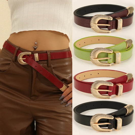 Damen Leder Gürtel – Luxuriöser Gold Muschel Schnallen Gürtel