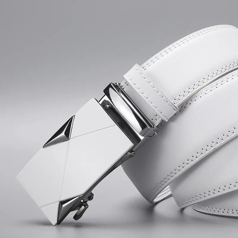 Herren Weißer PU Leder Gürtel – Automatik Gürtel mit Geometrischer Schnalle
