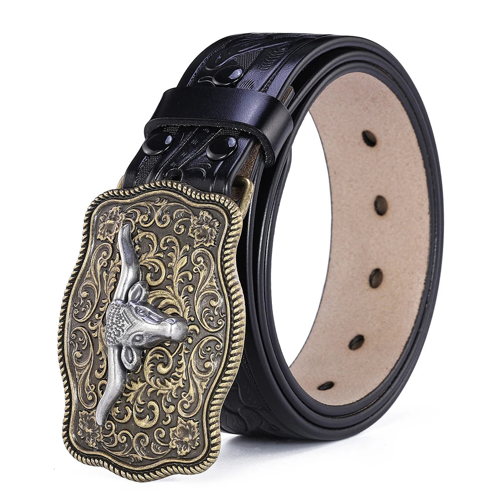 Herren Western Bullenschnallen Gürtel – Cowboy PU Leder Gürtel mit Prägung