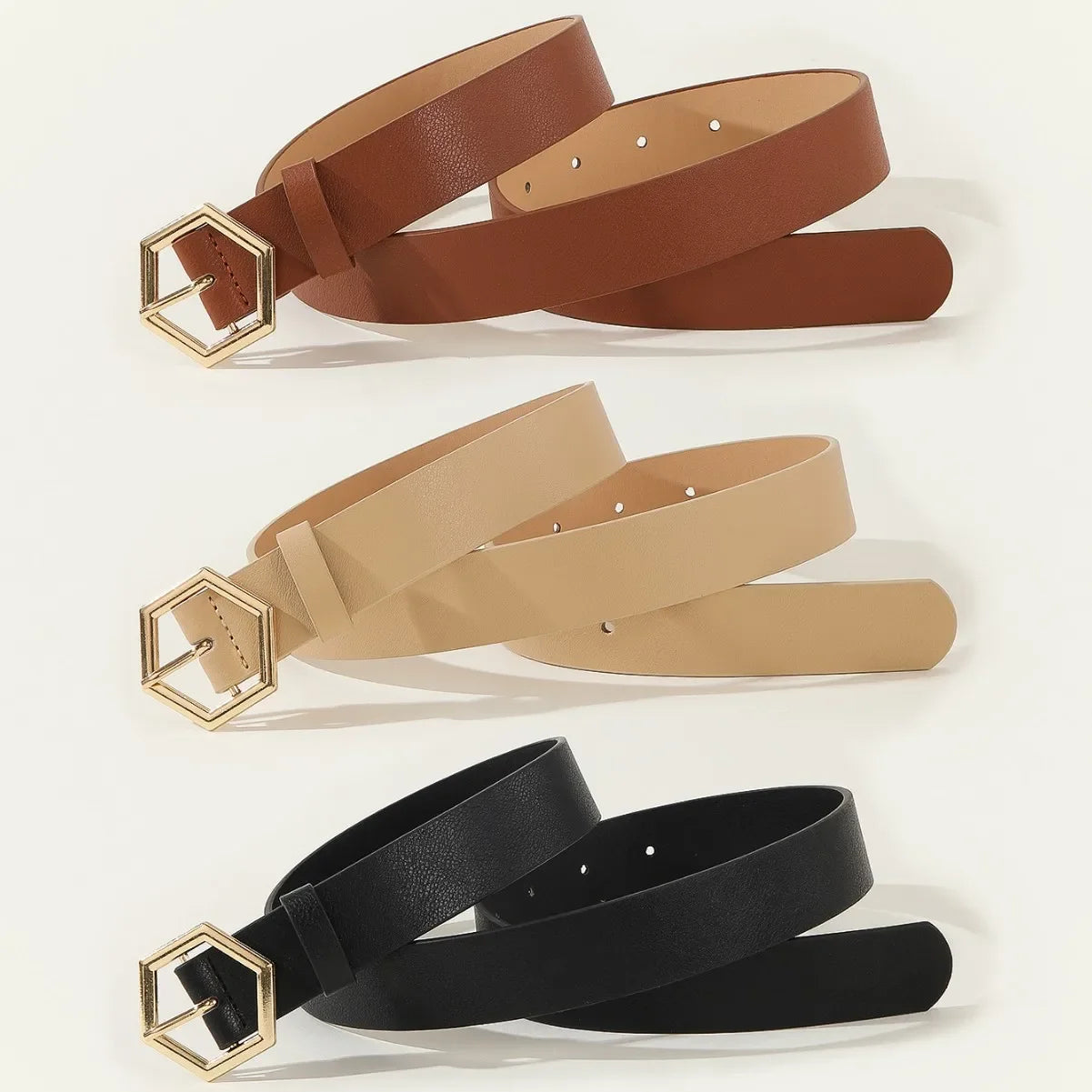 Damen Gürtel mit Goldener Hexagon Schnalle – Eleganter Business PU Leder Gürtel