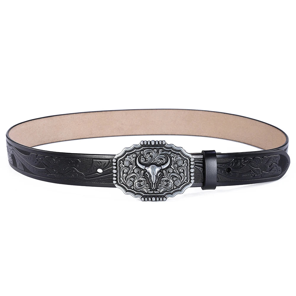 Herren Western Bullenschnallen Gürtel – Cowboy PU Leder Gürtel mit Prägung
