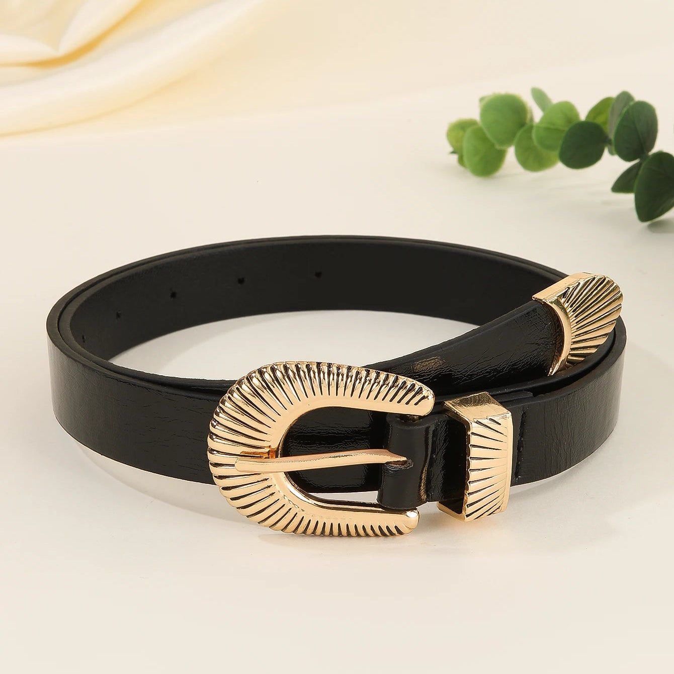Damen Leder Gürtel – Luxuriöser Gold Muschel Schnallen Gürtel