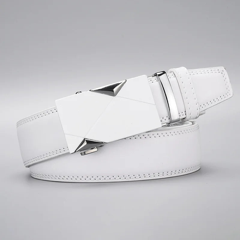 Herren Weißer PU Leder Gürtel – Automatik Gürtel mit Geometrischer Schnalle