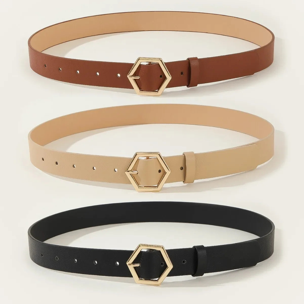 Damen Gürtel mit Goldener Hexagon Schnalle – Eleganter Business PU Leder Gürtel