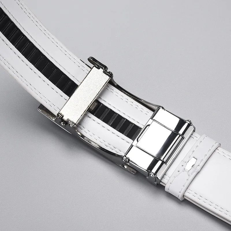 Herren Weißer PU Leder Gürtel – Automatik Gürtel mit Geometrischer Schnalle
