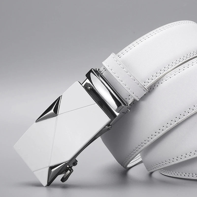 Herren Weißer PU Leder Gürtel – Automatik Gürtel mit Geometrischer Schnalle